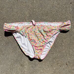 Victoria’s Secret pink yellow gold teal splatter dot ruched bikini bottoms LARGE